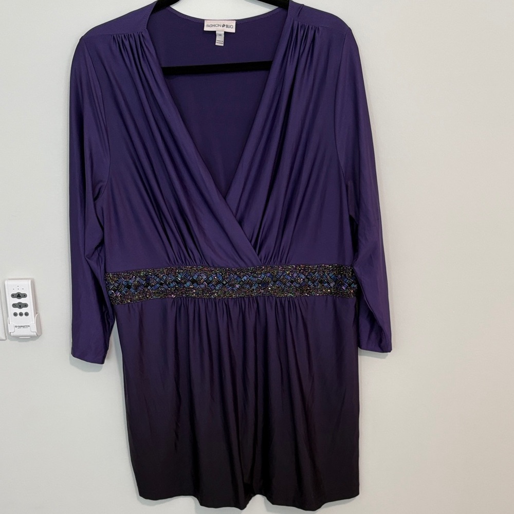 Purple V-Neck Blouse with Beaded Waist